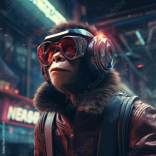 Ape with futuristic glasses in a futuristic city