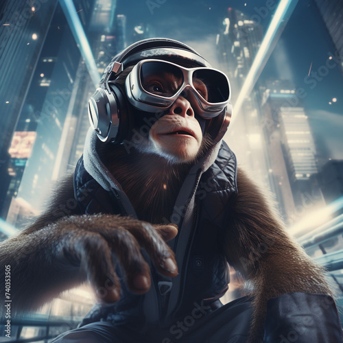 Ape with cyber glasses in futuristic city