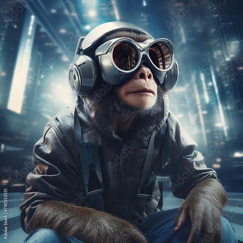 Ape with cyber glasses in futuristic city