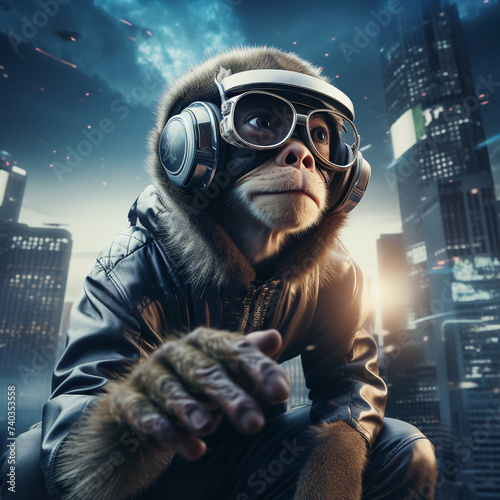 Ape with cyber glasses in futuristic city