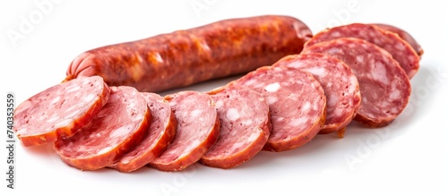 Assortment of assorted sliced sausages on a clean white background for food photography and cooking concepts