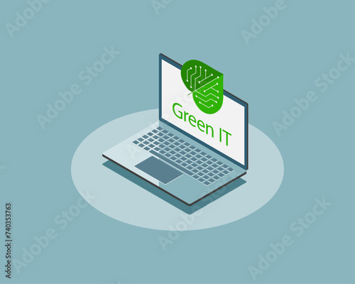 green it or green information technology logo with laptop. Isometric design vector illustration.