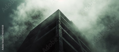Gazing up at the skyscraper, its facade disappearing into the cloudy sky, the tower block epitomizes the citys symmetry amid the fog photo