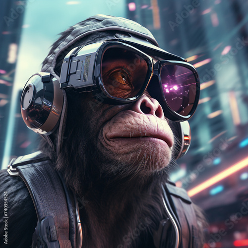 Ape with cyber glasses in futuristic city