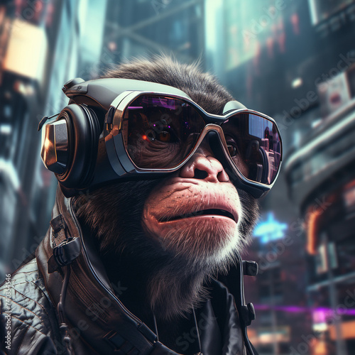 Ape with cyber glasses in futuristic city