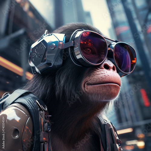 Ape with cyber glasses in futuristic city