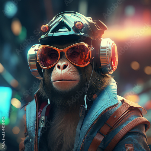 Ape with cyber glasses in futuristic city
