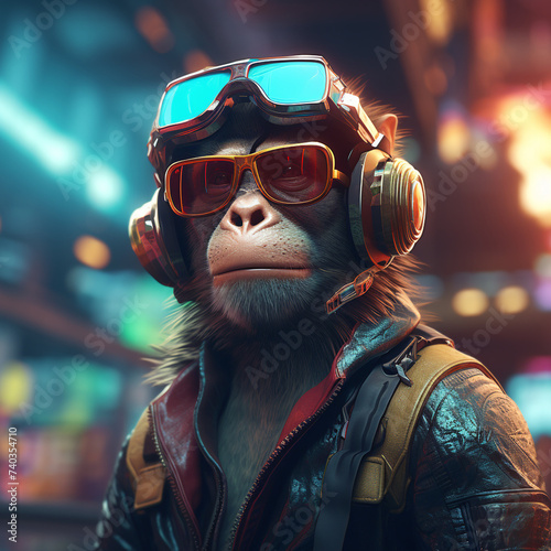 Ape with cyber glasses in futuristic city