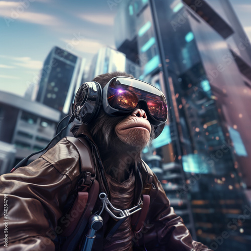 Ape with cyber glasses in futuristic city