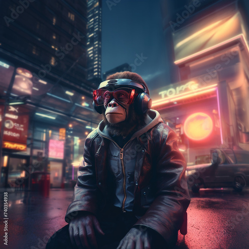 Ape with cyber glasses in futuristic city