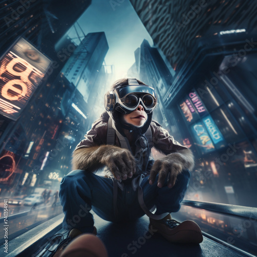 Ape with cyber glasses in futuristic city
