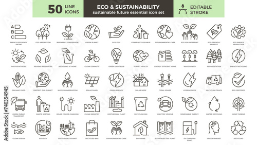 Eco and Environmental Sustainability Icon Set: 50 Thin Line Illustrations for a Greener Future - Editable Stroke Icons on Ecology, Renewable Energy and Eco-Friendly Practices