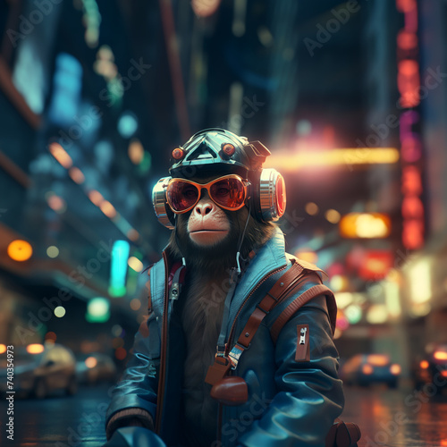 Ape with cyber glasses in futuristic city