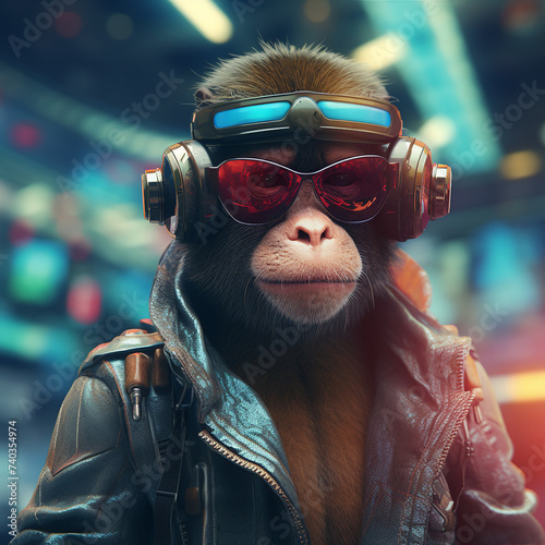 Ape with cyber glasses in futuristic city