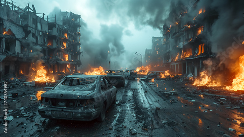 A car on a street of a destroyed and burning city. World war and armageddon concept.