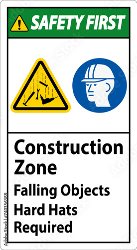 Safety First Sign, Construction Zone, Falling Objects Hard Hats Required