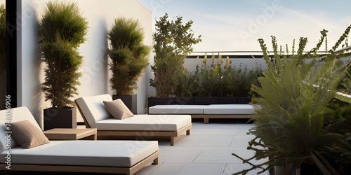 Empty rooftop garden with carefully placed potted plants in minimalist design. Lush greenery contrasts and the clean lines of the terrace, a balance of nature and architecture. A peaceful sitting roof © MadeByAnas