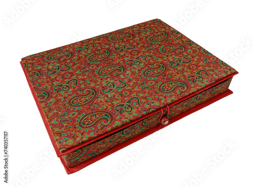 Vintage book gift box with Persian fabric pattern on transparent PNG background
