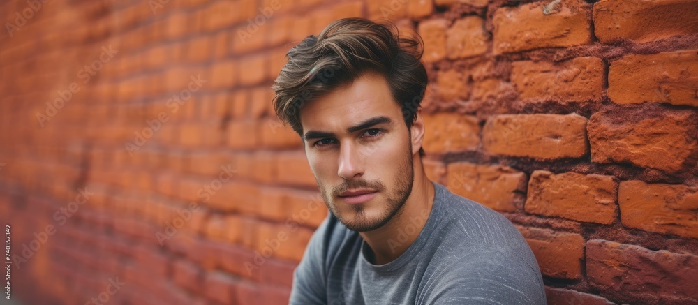 Urban lifestyle concept with a stylish man leaning against a textured brick wall Urban lifestyle concept with a stylish man leaning against a textured brick wall