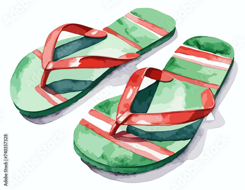 Isolated Pair of Hand-Drawn Watercolor Green Flip Flops Featuring Red Stripes, Set Against a Clean White Background.