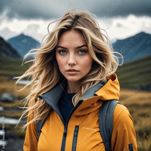 Portrait of a Woman with Blonde Hair in Outdoor Jacket Against Mountainous Backdrop