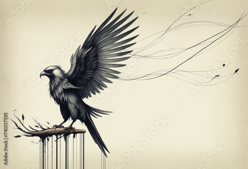 Illustration of an Eagle Landing on Branch Wings Spread Paper Background
