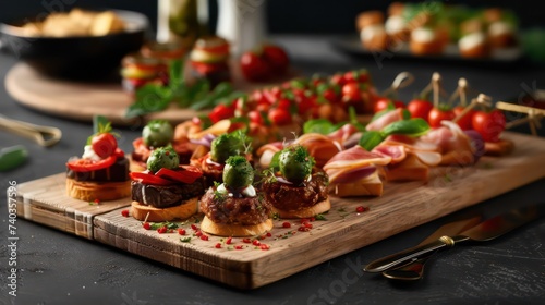 Appetizers table with italian antipasti snacks and wine in glasses. Brushetta or authentic traditional spanish tapas set, cheese variety board over grey concrete background. Top view, flat lay photo