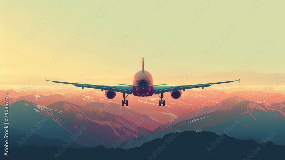 Airplane flying in the sky at sunrise. Airplane travel journey flight cartoon illustration.