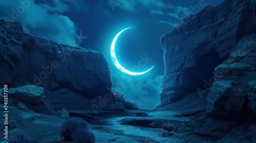 Fantasy night landscape with a crescent moon, a large fault in the earth, a ravine, blue neon. 3D illustration photo