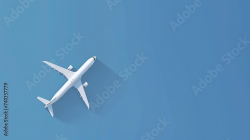 model of passenger airplane on blue background. Flat lay travel concept design. Copy space