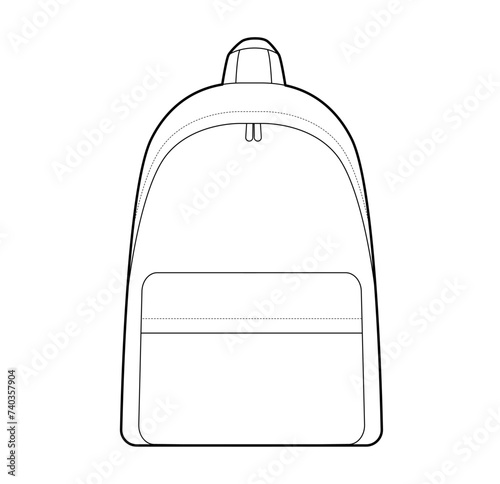 Explorer backpack silhouette bag. Fashion accessory technical illustration. Vector schoolbag front view for Men, women, unisex style, flat handbag CAD mockup sketch outline isolated photo