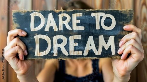 Woman holds sign saying  dare to dream  on blurred background for motivation and success. photo