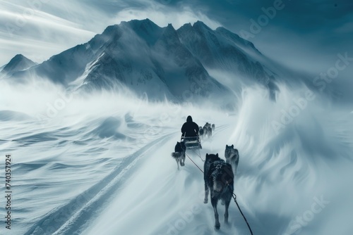 Frozen journey, person with sled of dogs traverses snowy antarctica, an epic adventure through icy landscapes with loyal canine companions, exploring the remote and pristine wildernes photo