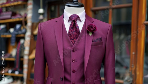 Monochrome men s burgundy suit on mannequin in modern boutique with space for text placement