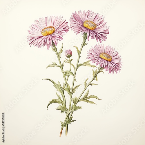 antique encyclopedia color sketch of two stems aster flowers