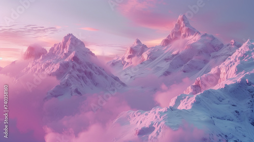 A breathtaking view of majestic snowy mountains under a soft pink and blue sunrise sky  resembling a cotton candy landscape.