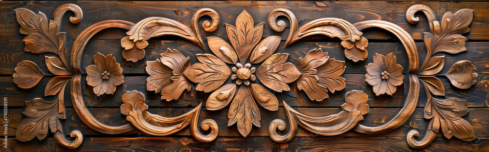 Stylized baseboard rosette flower themed wood carving background frame - obrazy, fototapety, plakaty 