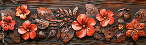 Primed wood sculpture background carving of hibiscus flower - Baseboard rustic home decor art craft element