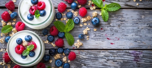 Healthy breakfast concept with granola, berries, and yogurt in jars on wooden table