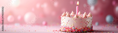 a dainty birthday cake with pink frosting and festive confetti is illuminated by a solitary lit candle, setting the stage for a cozy and intimate celebration. Perfect for simple poster layouts.