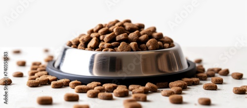 A bowl of delicious dry food on a clean white surface for pets, pet care concept