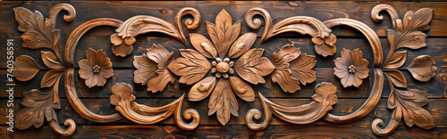 Stylized baseboard rosette flower themed wood carving background frame
