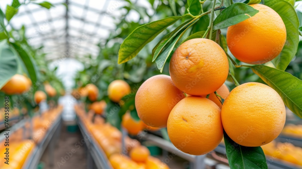 Ripe lemons growing on tree in greenhouse, healthy fruits with copy space for text placement