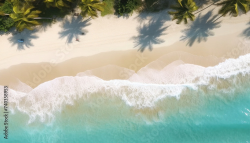 Aerial top view on sand beach  palm tree and ocean  drone photo of a beach  aerial shot