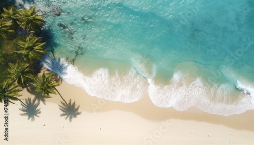 Aerial top view on sand beach, palm tree and ocean, drone photo of a beach, aerial shot © Thomas Parker