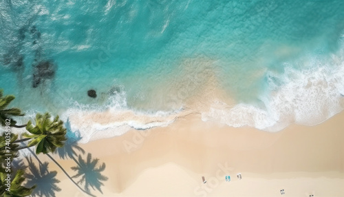 Aerial top view on sand beach  palm tree and ocean  drone photo of a beach  aerial shot