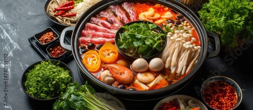 A photo showcasing a large pot filled with different types of delicious and flavorful traditional hot pot dishes, offering an irresistible journey into Asis cuisine. photo