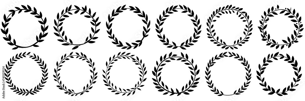 Laurel wreath circle frame branch silhouettes set, large pack of vector silhouette design, isolated white background Laurel wreath circle frame branch silhouettes set, large pack of vector silhouette design, isolated white background