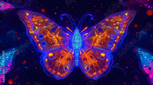 neon glowing fantasy butterfly at dark background. colorful uv insect wallpaper © goami