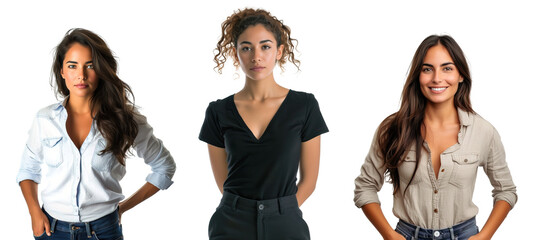Collage of three young Latin American woman wearing casual clothes over white transparent background